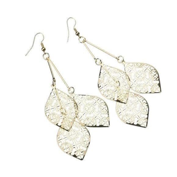Gold triple leaf drop earrings with geometric design. Metal alloy. Jewelry - Picture 1 of 7